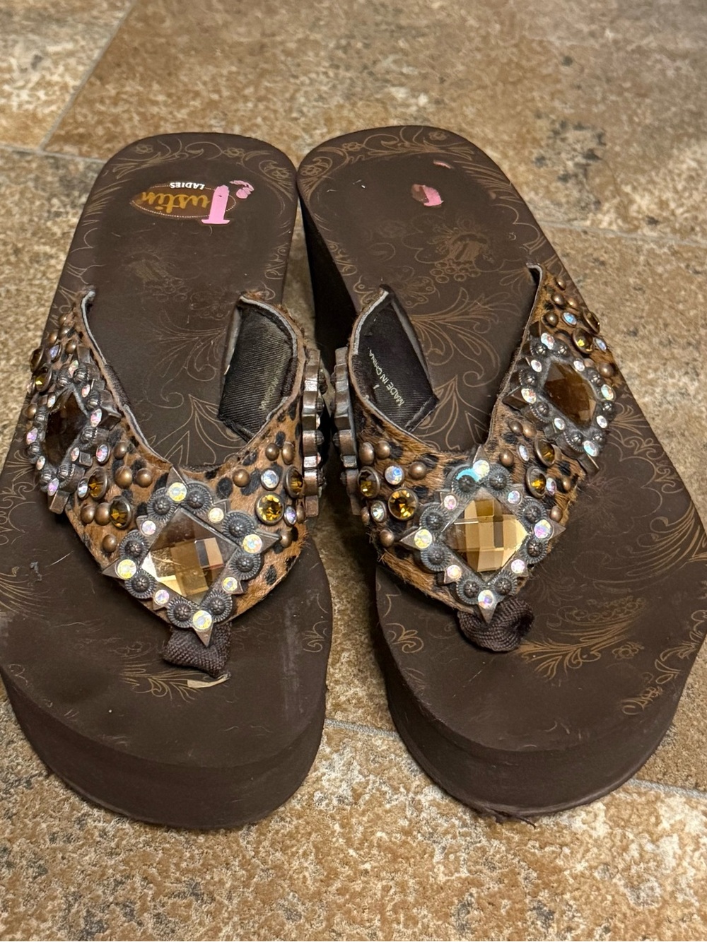 Justin Boots Brown Jeweled Wedge Thong Sandals